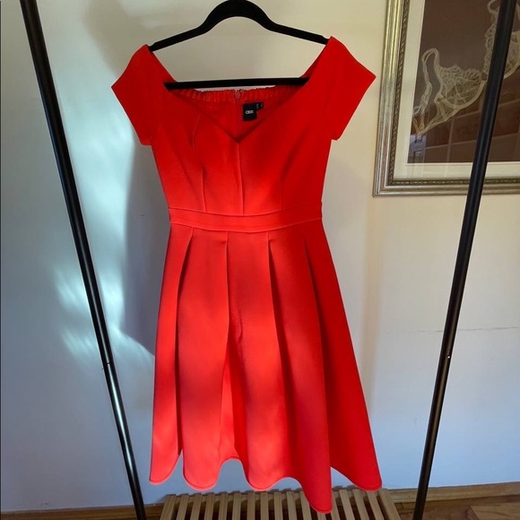 💃 Asos Off The Shoulder Sweetheart Bardot Red Prom A-line Full Skirt Dress - Picture 3 of 11